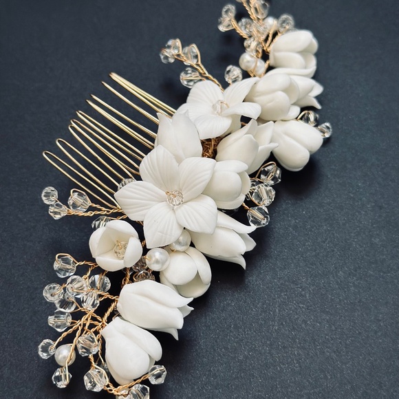 Floral Bridal Headpiece with Porcelain Flowers Set Gold Wedding Vine Hair Comb - Picture 3 of 4